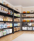 Badass Heavy Duty Adjustable Metal Wire Shelving Unit with Reinforced Carbon Steel Grid and V Brace Support for Garage or Pantry High Capacity Rack Holds 440 Pounds Per Shelf Perfect for Bulk Gear and Clutter Control with organized pantry items.