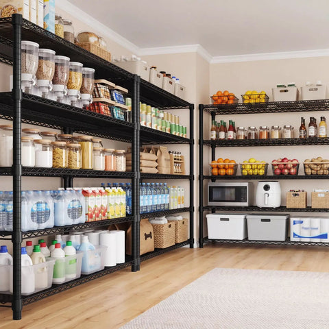 Badass Heavy Duty Adjustable Metal Wire Shelving Unit with Reinforced Carbon Steel Grid and V Brace Support for Garage or Pantry High Capacity Rack Holds 440 Pounds Per Shelf Perfect for Bulk Gear and Clutter Control with organized pantry items.