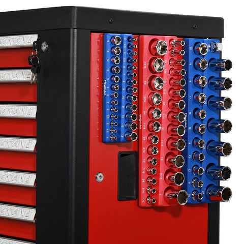 SAE And Metric Magnetic Socket Organizer Set for 1/4 3/8 And 1/2 Inch Drives on tool chest with sockets