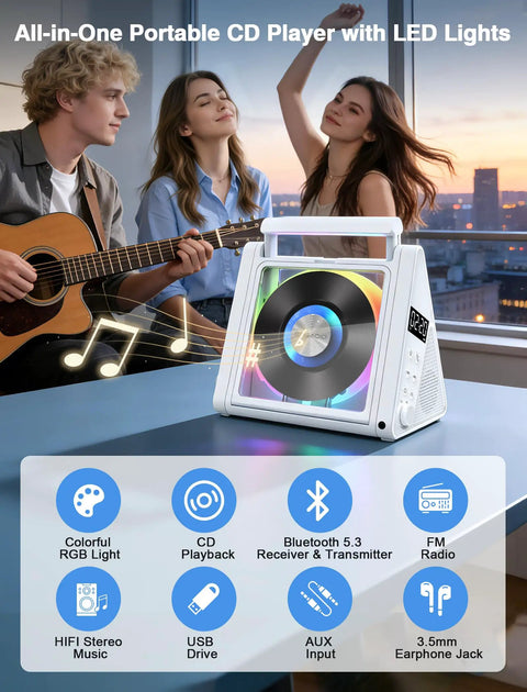 Portable CD Player With Bluetooth And RGB Lights 4000mAh Rechargeable Home Audio Player With Built In Speakers in use, party scene.