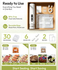 Handheld Vacuum Sealer Keeps Food Hella Fresh With Auto And Manual Modes For Wet And Dry Use in a box with vacuum bags and clips.