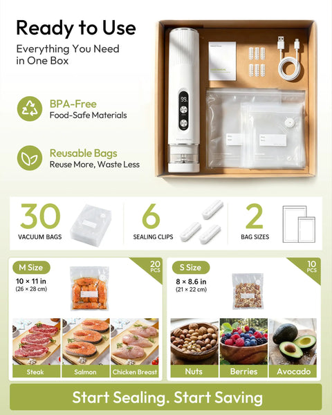Handheld Vacuum Sealer Keeps Food Hella Fresh With Auto And Manual Modes For Wet And Dry Use in a box with vacuum bags and clips.