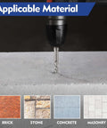 SDS-Plus hammer drill bit in drill drilling into concrete; close-up with four material tiles: brick, stone, concrete, masonry