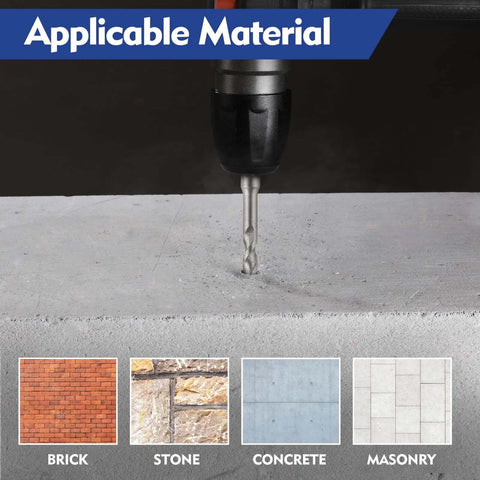 SDS-Plus hammer drill bit in drill drilling into concrete; close-up with four material tiles: brick, stone, concrete, masonry