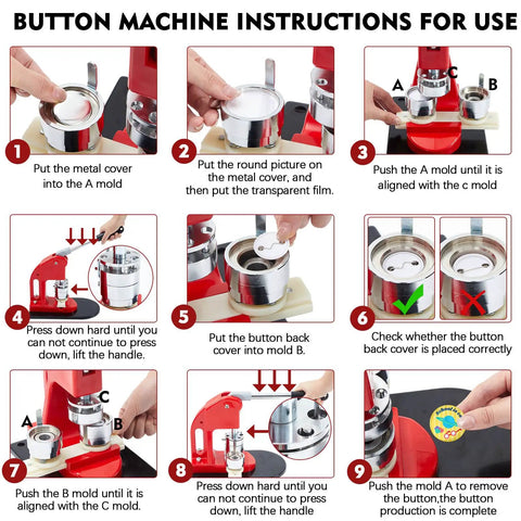 Instruction diagram for All In One Button Maker Kit With 25mm 32mm And 58mm Molds Interchangeable Press 300 Button Fittings Circle Cutter And Cutting Mat