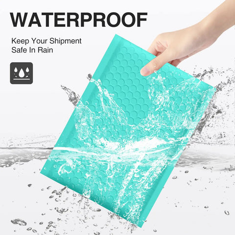 Hand holding a Teal Bubble Mailers 6x10 Inch Inner 6x9 Inch 25 Pack Padded Envelopes With Self Seal Waterproof Opaque Shipping Bags