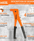 Heavy Duty Professional Rivet Gun Kit With 200 Aluminum Pop Rivets And 4 Drill Bits, showing ergonomic design and interchangeable nosepieces.