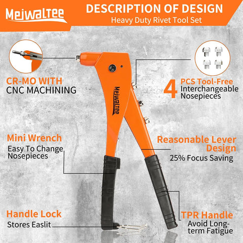 Heavy Duty Professional Rivet Gun Kit With 200 Aluminum Pop Rivets And 4 Drill Bits, showing ergonomic design and interchangeable nosepieces.