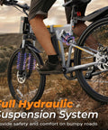 Foldable Electric Bike For Adults With 750W Peak Motor And 48V Battery 50 Miles, close-up of hydraulic suspension system on dirt trail