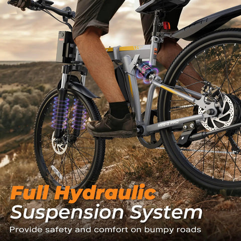 Foldable Electric Bike For Adults With 750W Peak Motor And 48V Battery 50 Miles, close-up of hydraulic suspension system on dirt trail
