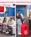 Mother uses Go To Gate Check Car Seat Travel Bag For Airplane Lightweight Protective Cover For All Baby And Infant Car Seats Airport Essentials For Gate Check AirTag Compatible Red at airport gate desk.