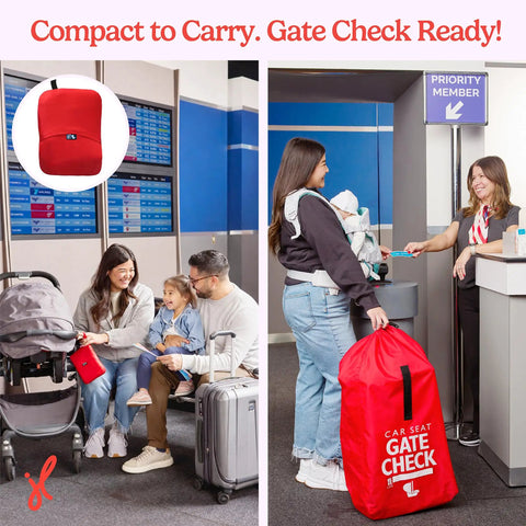 Mother uses Go To Gate Check Car Seat Travel Bag For Airplane Lightweight Protective Cover For All Baby And Infant Car Seats Airport Essentials For Gate Check AirTag Compatible Red at airport gate desk.