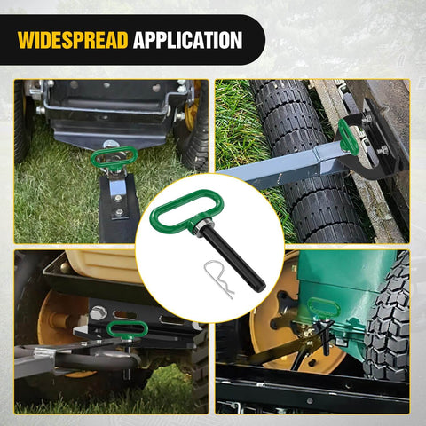 Five Eighths Inch Beefed Up Heavy Duty Neodymium Magnetic Trailer Hitch Pin In Green installed on lawn mower and tractor