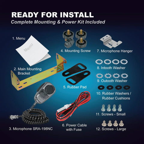 Mounting kit for Beefy High Power 10 Meter Amateur Radio Transceiver with microphone, bracket, screws, and cables.