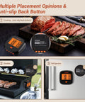 WiFi Meat Thermometer For Smoker And Oven With Four Probes showing placement options on cooktop, smoker, and refrigerator