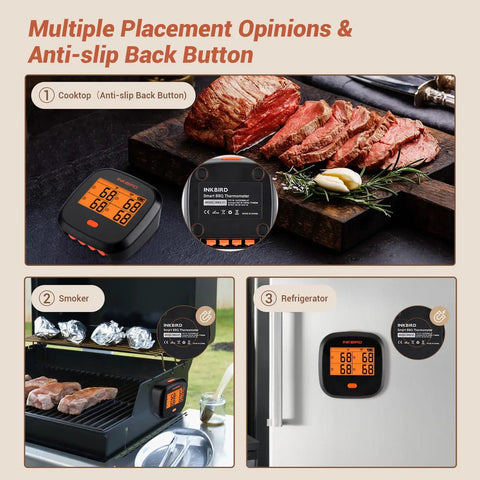 WiFi Meat Thermometer For Smoker And Oven With Four Probes showing placement options on cooktop, smoker, and refrigerator