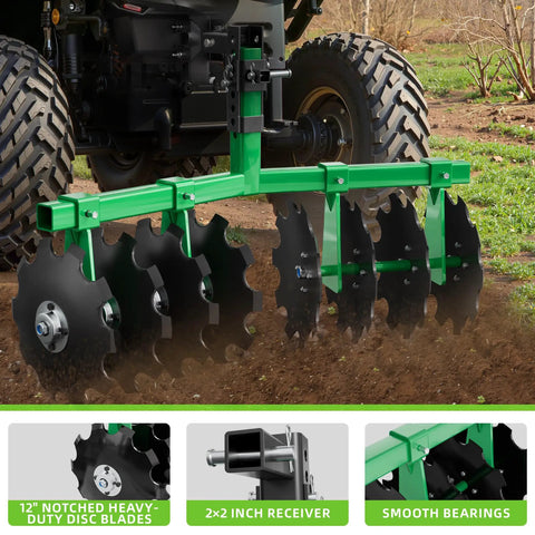 Tow Behind Disc Harrow Attachment For ATVs And UTVs With 12-Inch Steel Discs, 2-Inch Receiver Hitch, Adjustable Height Soil Tiller
