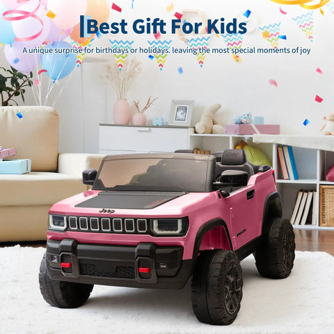 Pink Licensed 24V Kids Ride On Truck Two Seater With Parent Remote Control Three Speed Modes, indoors on carpet.