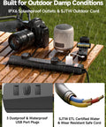 Weatherproof Outdoor Power Strip With IPX6 Rating 1625W 13A 6 Ft Extension Cord 7 AC Outlets And 3 USB Ports on wet table.