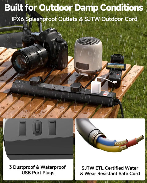 Weatherproof Outdoor Power Strip With IPX6 Rating 1625W 13A 6 Ft Extension Cord 7 AC Outlets And 3 USB Ports on wet table.