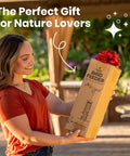 Woman holding boxed Squirrel-Proof Outdoor Bird Feeder That Delivers Mealworms And Seeds, Large 3-Pound Capacity, weather-resistant.