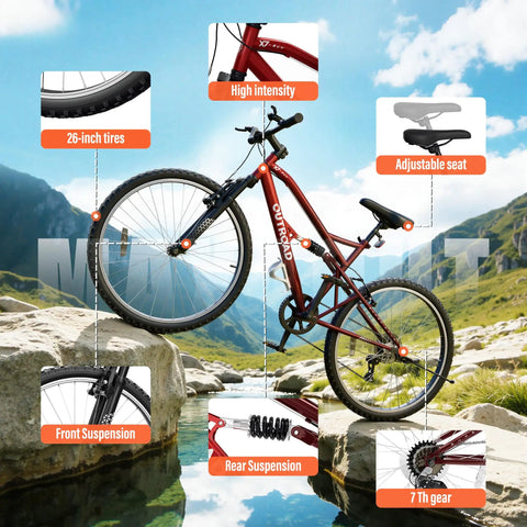 26 Inch Mountain Bike With Dual Suspension For Men Women And Adults, showcasing suspension fork and disc brakes against mountain backdrop
