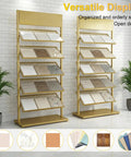 Five Tier Swatch Sample Storage Rack In Gold, Heavy Duty Metal Frame With Dense Wire Mesh, Stable Build For Ceramics, Glass, Building Materials, Space Saving Display Stand For Pro Grade Showcases, 67x35x150 cm