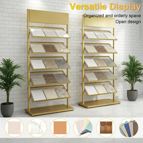 Five Tier Swatch Sample Storage Rack In Gold, Heavy Duty Metal Frame With Dense Wire Mesh, Stable Build For Ceramics, Glass, Building Materials, Space Saving Display Stand For Pro Grade Showcases, 67x35x150 cm