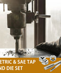 Tap and die set banner on an orange strip beneath a drill press cutting metal on worktable.