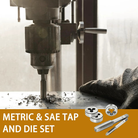 Tap and die set banner on an orange strip beneath a drill press cutting metal on worktable.