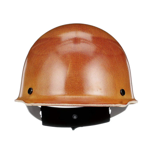 Front view of Skullgard Cap Style Safety Hard Hat With Swing Ratchet Suspension For High Heat Up To 350F Phenolic Resin Non Slotted Cap Standard Tan
