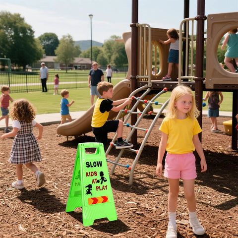 Three Pack Kids Playing Signs For Street Reflective Slow Down Alert Sign With Double Sided Text Graphics in playground area