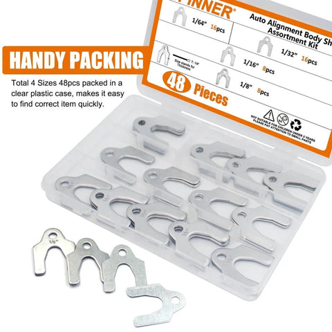 Auto Alignment Body Shim Kit, 48 Pc Universal U Shims Set for camber and body part adjustment, sizes 1/64-1/8 inch, in case