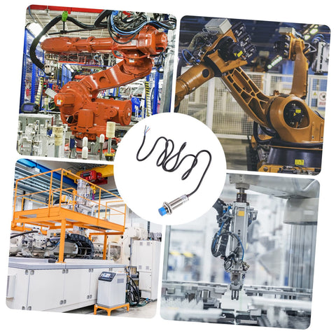 Inductive Proximity Sensor CHE18-8NA-A710 with bracket in industrial automation scenes with robotic arms.
