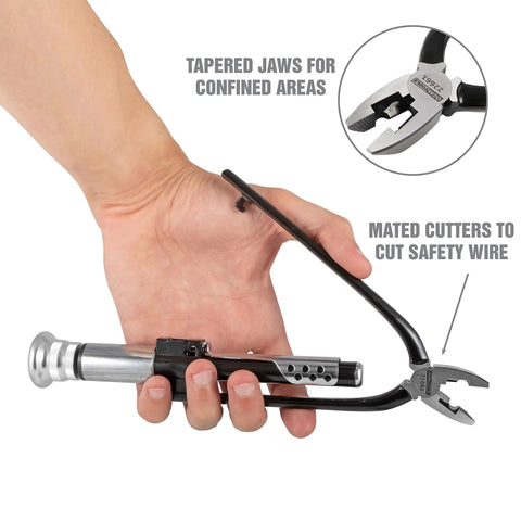 Hand holding 6 Inch Heavy Duty Safety Wire Pliers With Reversible Twist Action For Vehicles, Machinery And Aircraft, close-up view