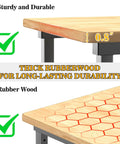 Close-up of Heavy Duty Garage Workbench with adjustable 47.5 inch height, thick rubberwood top, and steel frame.