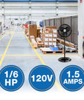 18 Inch Industrial Pedestal Fan With Powder Coated Steel Frame Delivers Beastly Airflow For Workshops And Garages Featuring A One Sixth Horsepower Enclosed Motor And A Ten Foot SJT Cord Plus A One Year Limited Warranty in a warehouse