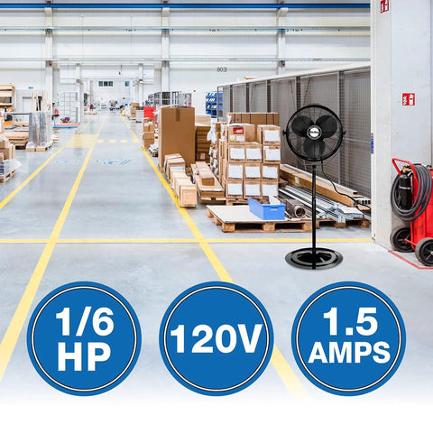 18 Inch Industrial Pedestal Fan With Powder Coated Steel Frame Delivers Beastly Airflow For Workshops And Garages Featuring A One Sixth Horsepower Enclosed Motor And A Ten Foot SJT Cord Plus A One Year Limited Warranty in a warehouse