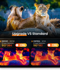 Comparison of two thermal imaging resolutions on a smartphone screen with two lions in the background, upgrade vs standard.