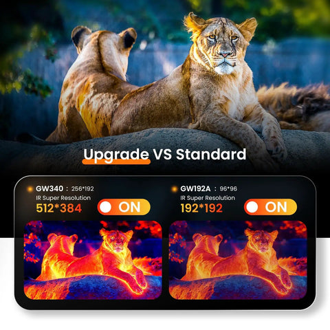 Comparison of two thermal imaging resolutions on a smartphone screen with two lions in the background, upgrade vs standard.