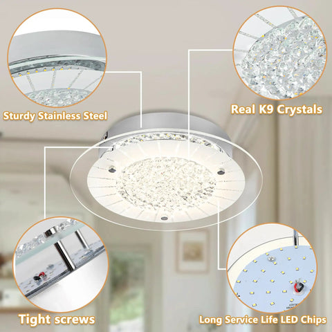 Crystal Ceiling Light Fixture Dimmable LED 11 Inch Flush Mount with K9 crystals and stainless steel design.