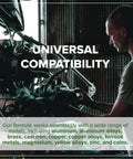 Person examining engine with text highlighting Ultrasonic Cleaner Solution For Automotive Parts And Carburetors 128 Oz.