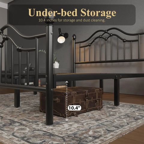 Under-bed storage of the Queen Metal Bed Frame With Classical Headboard And Footboard Matte Black Steel Platform Bed.