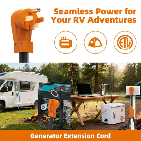 Heavy Duty 50 Amp RV EV Power Splitter Adapter Cord transforms single NEMA 14-50P plug into dual 14-50R outlets in camping setup.