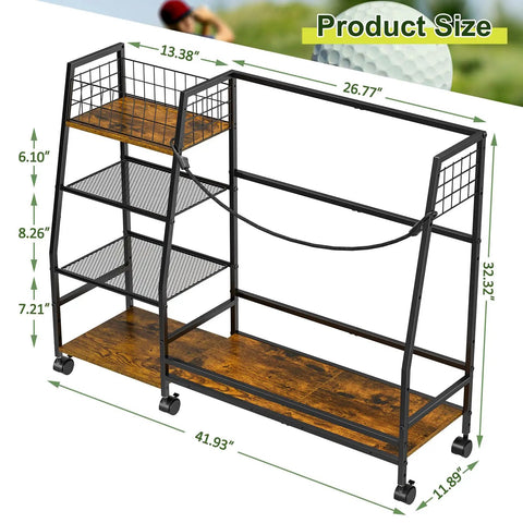 Golf Bag Storage Rack With Wheels For Garage And Home Holds 2 Golf Bags Plus Gear Ball Mesh Rack 3 Shelves Removable Hooks