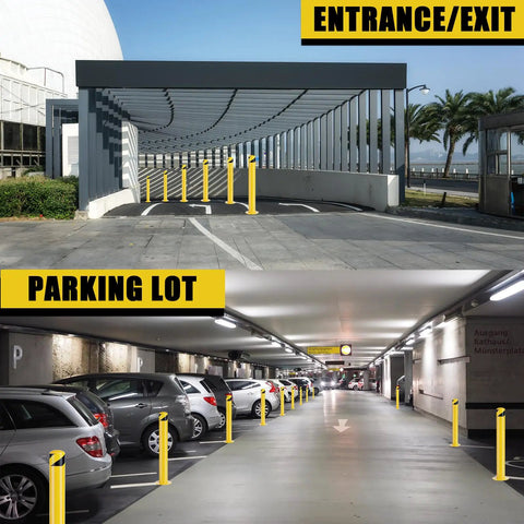 Heavy Duty Steel Safety Bollard Posts 36 Inches Tall 4 5 Inch Diameter Yellow Powder Coated Hella Rock Solid outdoor parking barrier in use.