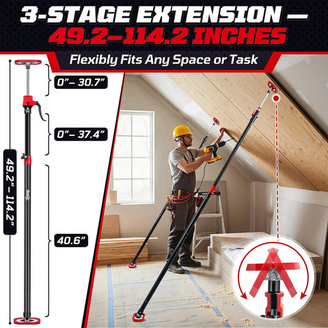 Man using Heavy Duty Adjustable Cabinet Jacks 4 Piece Set Extends From 49 To 114 Inches for drywall installation.