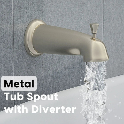Brushed Nickel Shower Faucet Set With Valve And Handheld Shower Head Six Setting Shower System showing tub spout with diverter