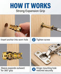 Steps to use 6x14mm Expansion Screw Set for Cabinet and Door Hinges Quick Hole Repair Kit for restoring hinge holes.