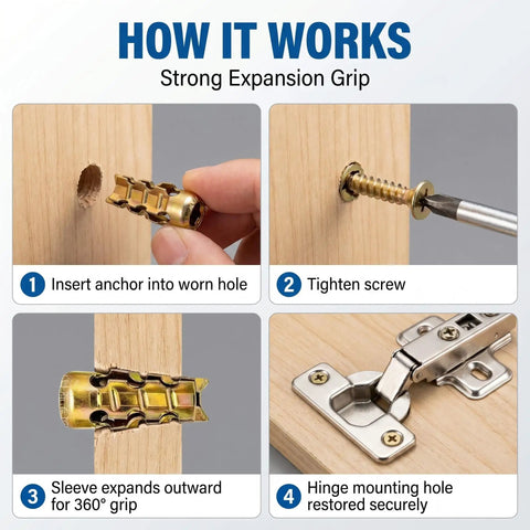 Steps to use 6x14mm Expansion Screw Set for Cabinet and Door Hinges Quick Hole Repair Kit for restoring hinge holes.